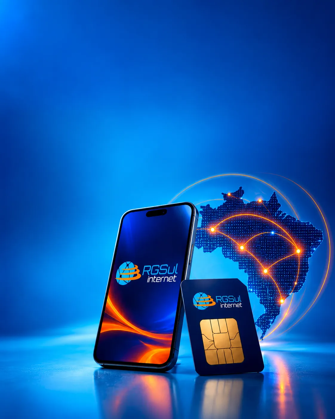 Celular e chip RGSul com mapa do Brasil conectado ao fundo