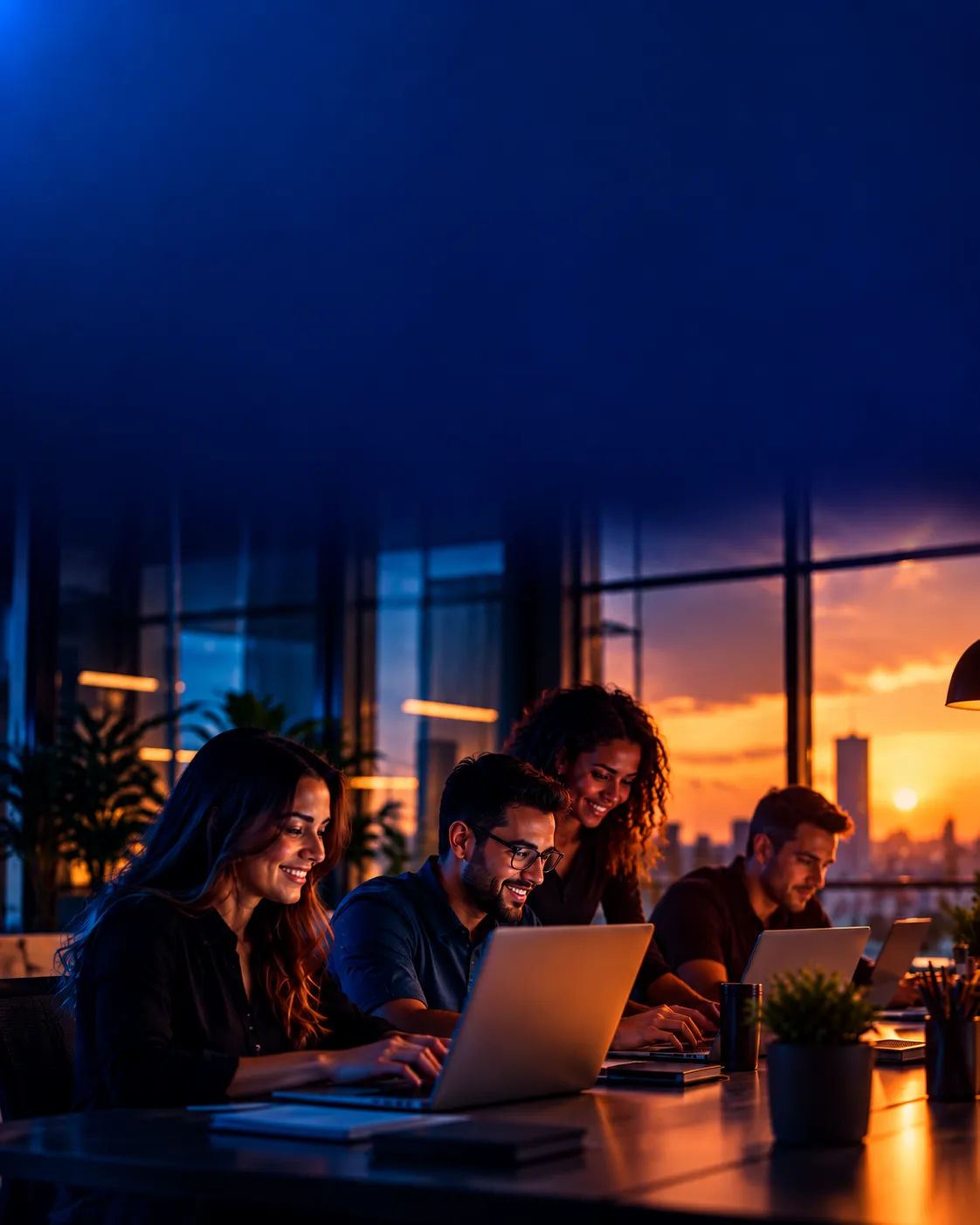 Equipe trabalhando em notebooks num escritório ao pôr do sol