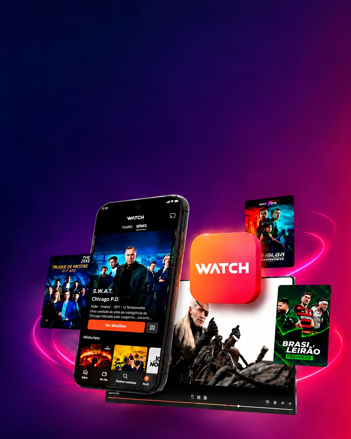 Celular e TV exibindo o app Watch com capas de filmes, séries e esportes
