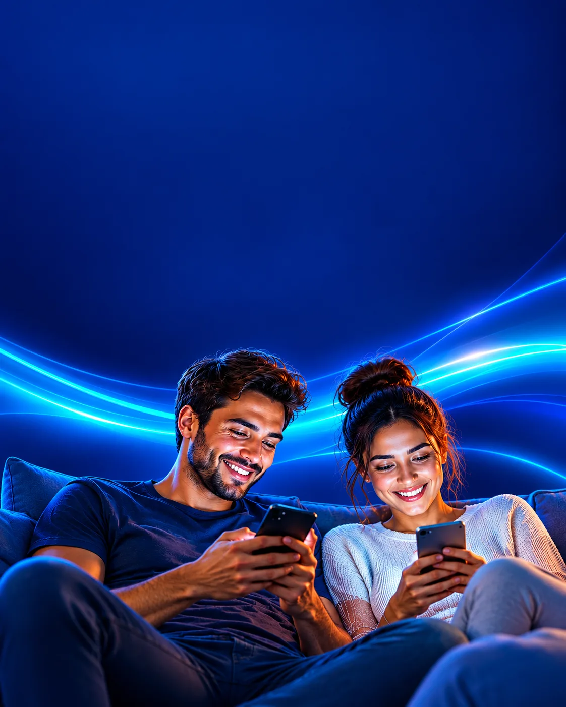 Casal sorrindo no sofá usando os celulares com ondas de luz azul ao fundo
