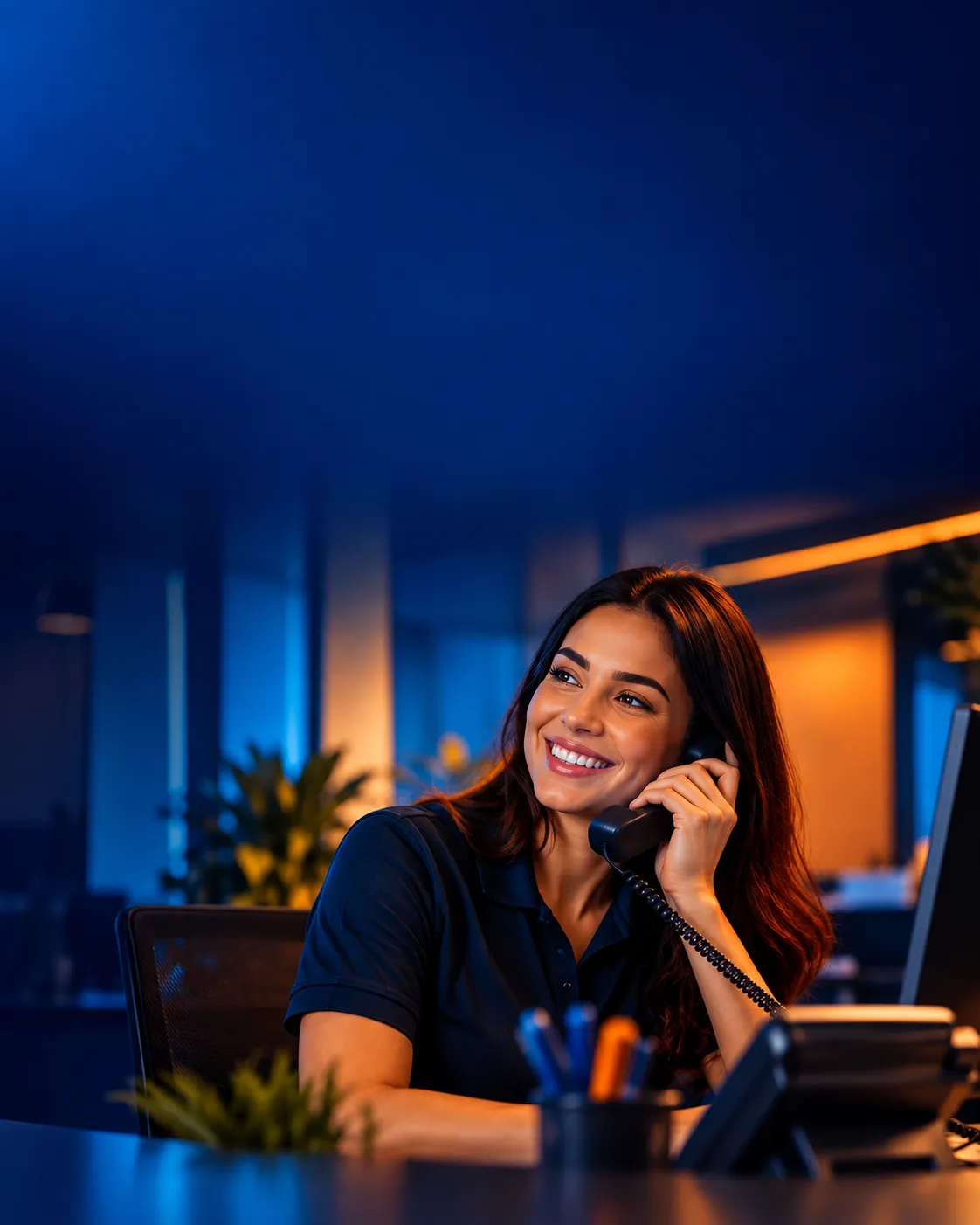 Atendente sorrindo ao telefone fixo no escritório
