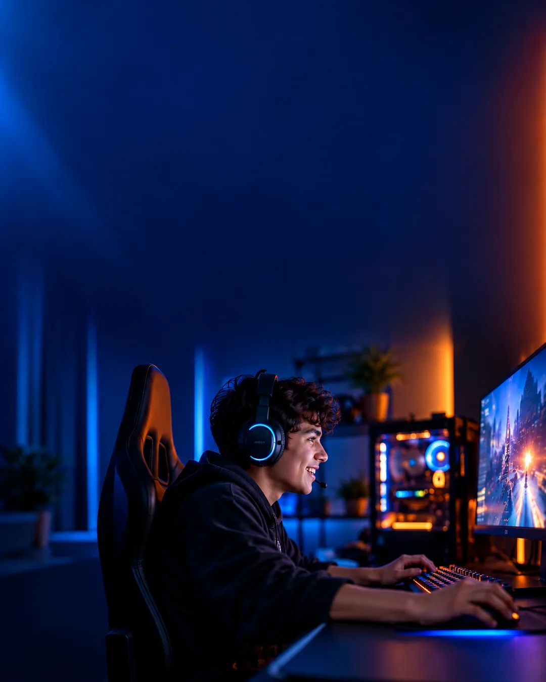 Jovem jogando no computador com headset em quarto iluminado em azul e laranja