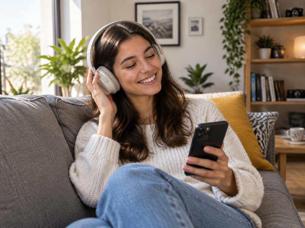 Mulher sorrindo com fones de ouvido ouvindo música no celular