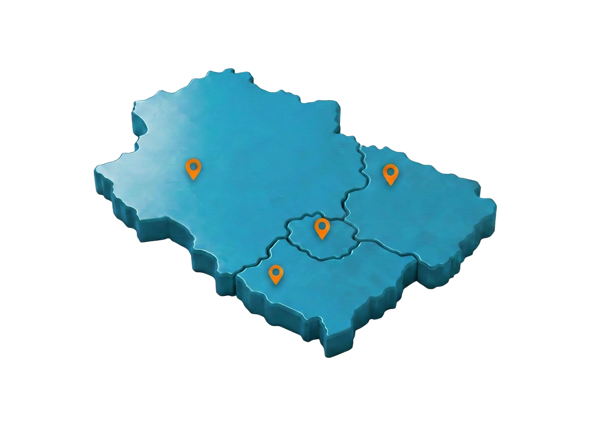 Mapa 3D da região de cobertura da RGSul com pinos em Pelotas, Capão do Leão, Morro Redondo e Canguçu
