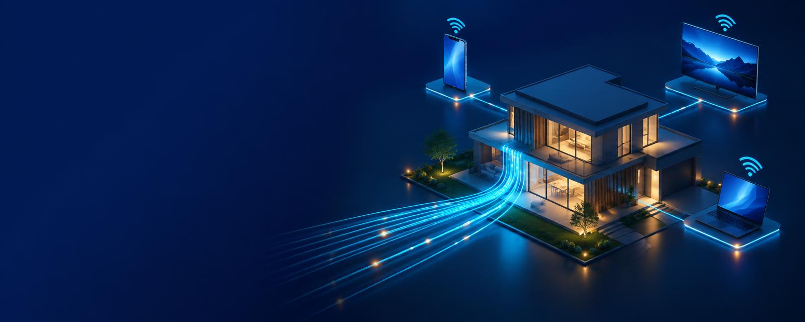 Casa moderna conectada por fibra óptica a smartphone, TV e notebook
