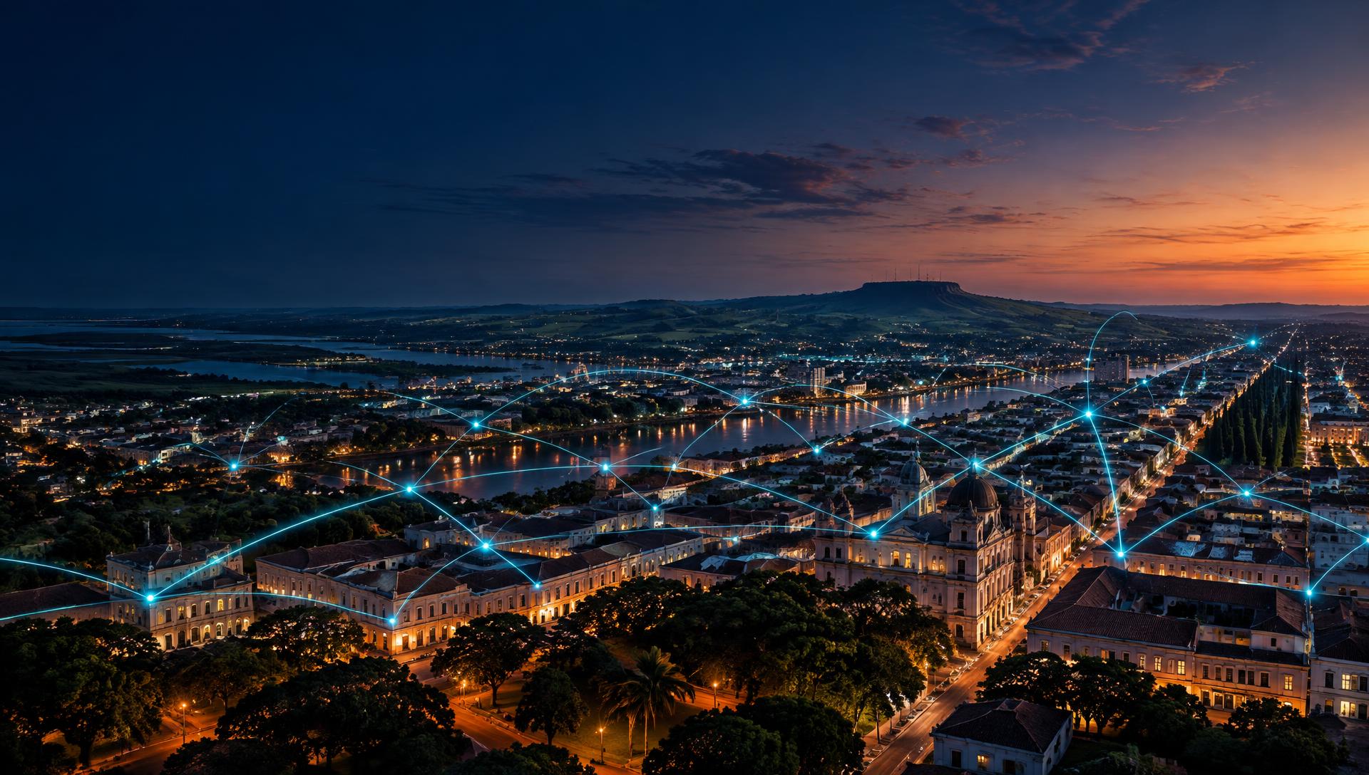 Vista ao entardecer de cidade do Rio Grande do Sul com linhas de conexão luminosas