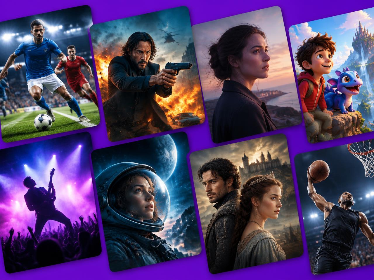 Capas de filmes, séries e esportes em grade inclinada